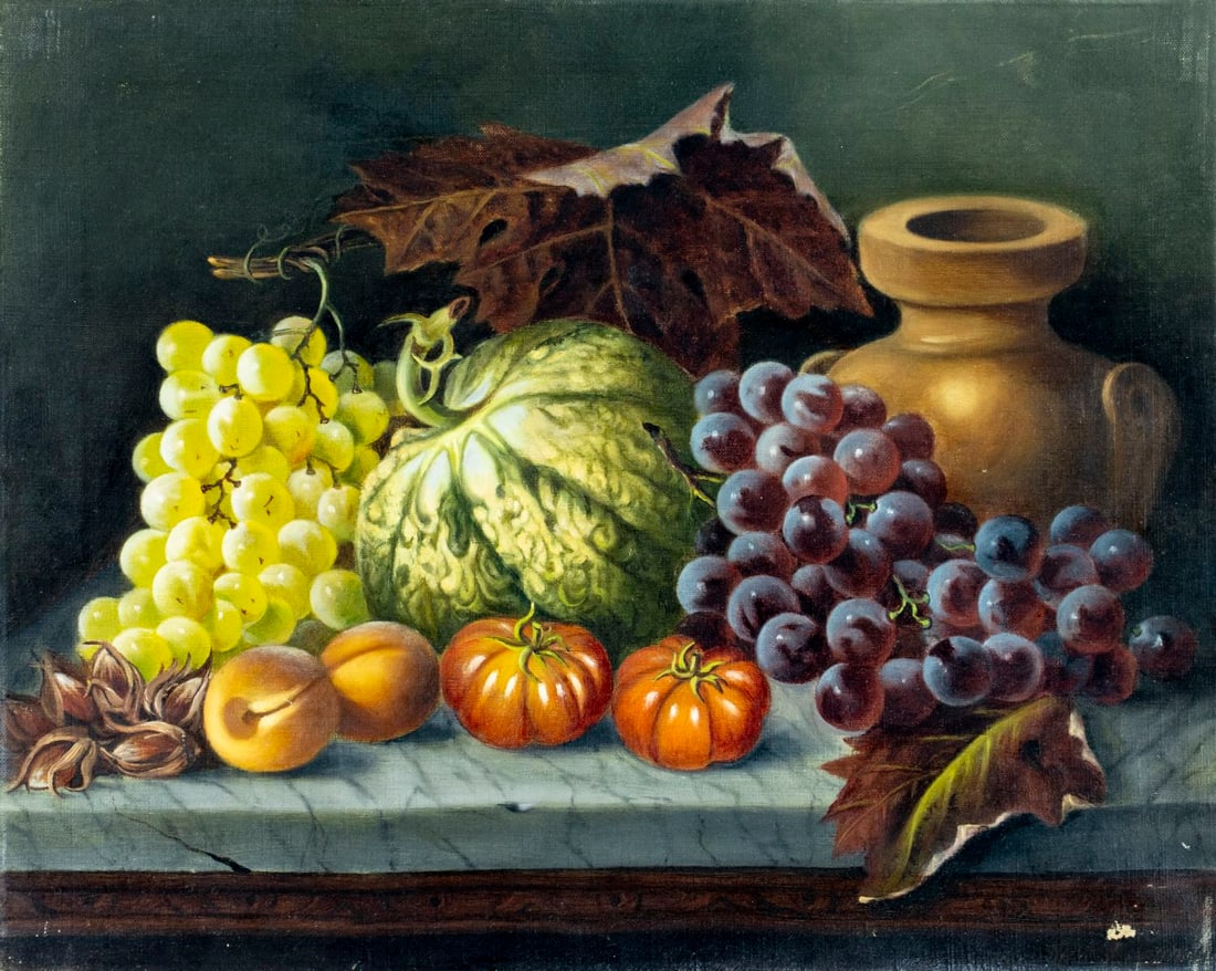 Antique early 20C British oil painting signed: ARTIST: - (United Kingdom, early 20 century) TITLE: Still Life with Vegetables, Grapes and Jug MEDIUM: oil on canvas CONDITION: Few small paint losses mostly along the low