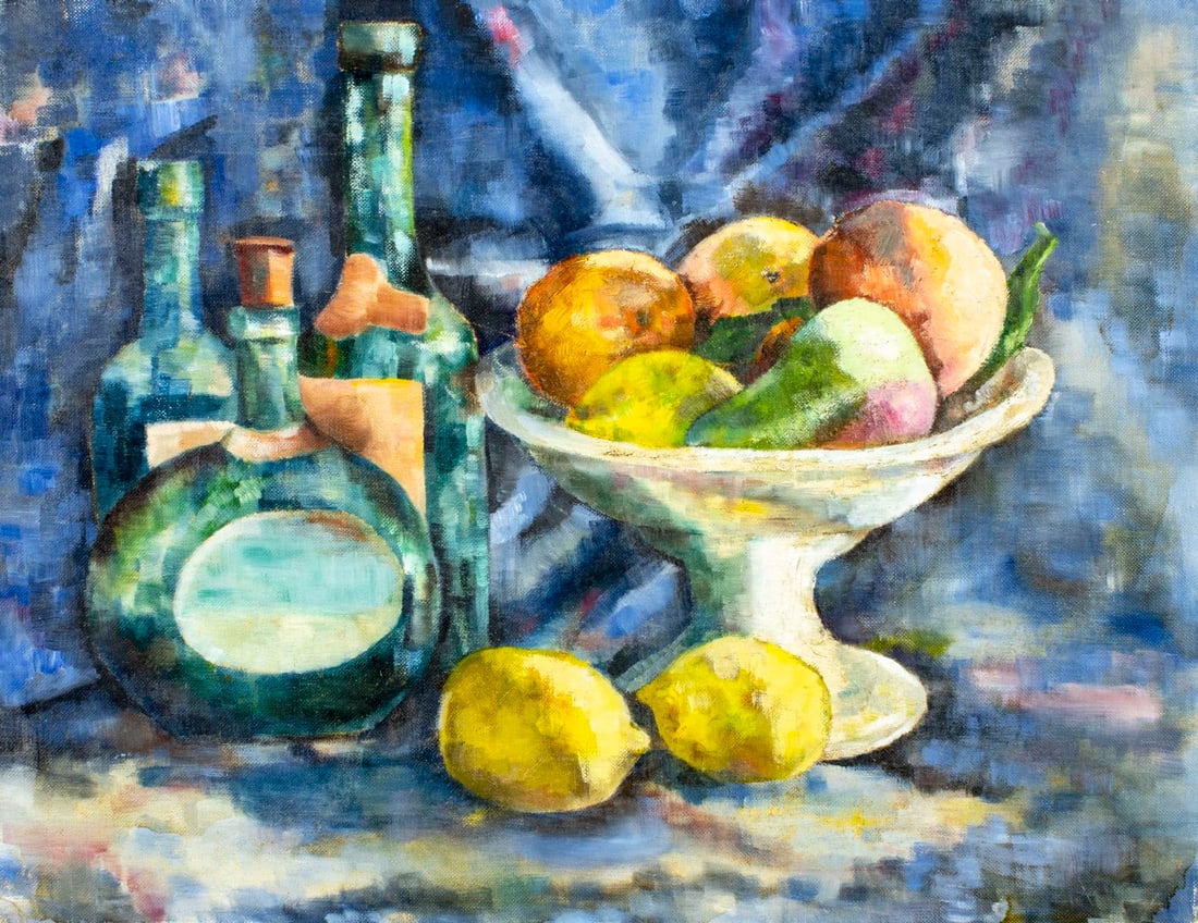 John Wanamaker (US,mid 20C) oil painting: ARTIST: John Wanamaker (American, mid 20 century) TITLE: Still Life with Bottles and Fruits MEDIUM: oil on canvas board CONDITION: Small damages to lower corners. Minor pai