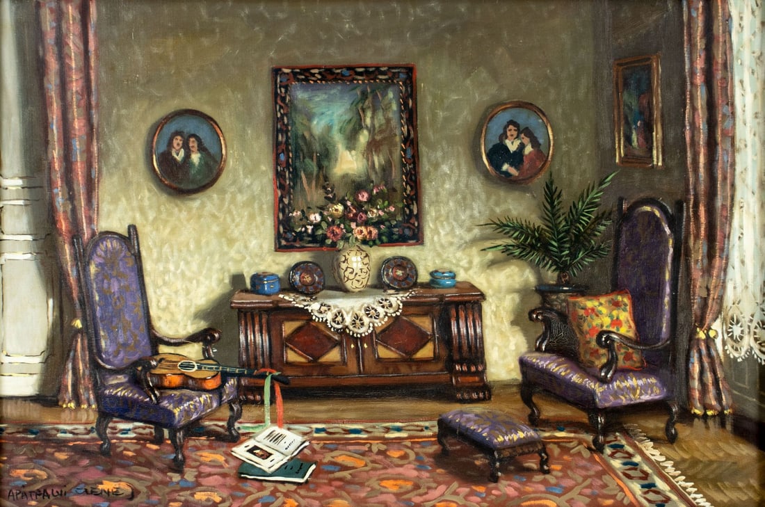 Janos Czene Apatfalvi (Hungary,1904-1984) oil painting: ARTIST: Janos Czene Apatfalvi (Hungarian, 1904 - 1984) TITLE: Interior Scene MEDIUM: oil on canvas CONDITION: Few very minor scratches/paint losses along edges. Minor cra