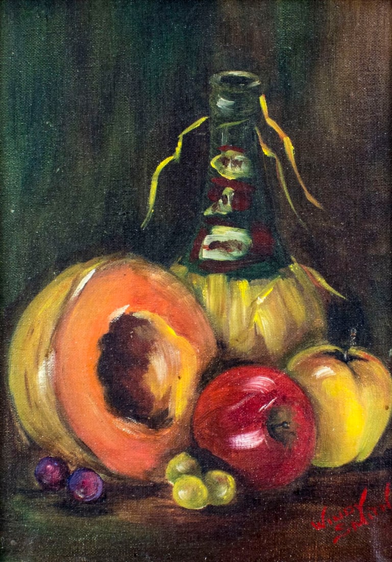 Windy Smith (US,mid 20C) oil painting: ARTIST: Windy Smith (American, mid 20 century) TITLE: Still Life with Fruits MEDIUM: oil on board CONDITION: Very good. No visible inpaint under UV light. Wear to frame.