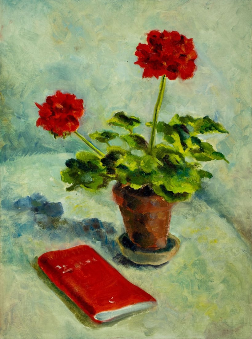 Vintage mid 20C New Jersey oil painting: ARTIST: - (New Jersey, mid 20 century) TITLE: Still Life with Flower Pot and Notebook MEDIUM: oil on canvas board CONDITION: Missing a few flakes of paint by the lower edg