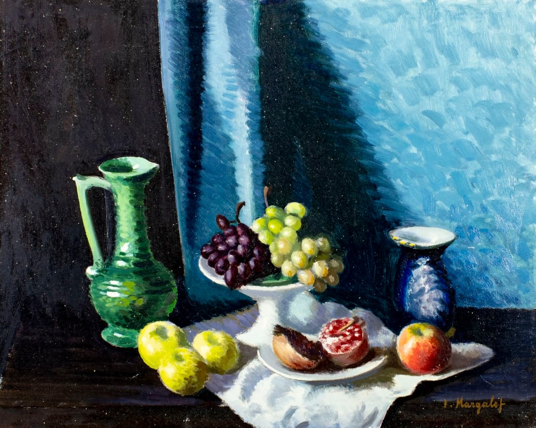 J Margalet (Europe,20C) oil painting: ARTIST: J Margalet (European, 20 century) TITLE: Still Life with Fruit MEDIUM: oil on canvas CONDITION: Unstretched (In-House stretching available) (In-House stretching avai