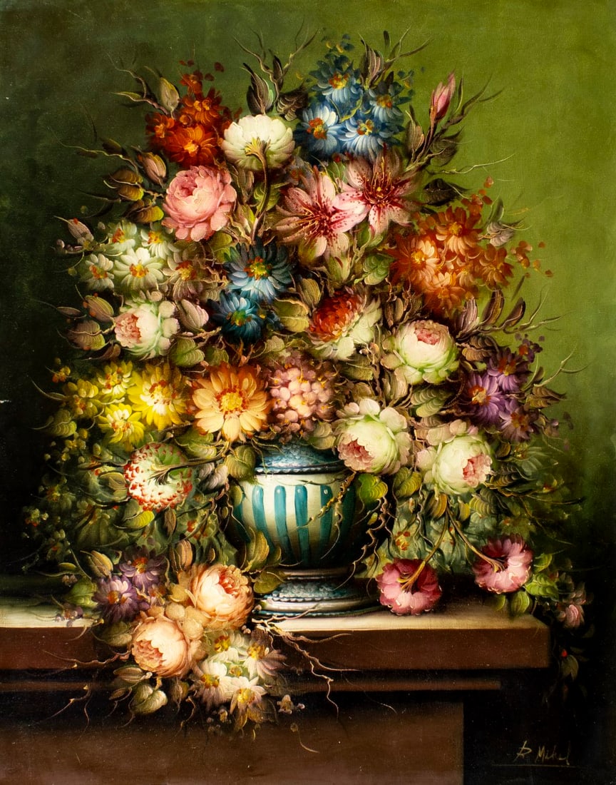 Roberto Michel (Spain,1944-?) oil painting: ARTIST: Roberto Michel (Spanish, 1944 - ???) TITLE: Still Life with Vase of Flowers MEDIUM: oil on canvas CONDITION: Unstretched (In-House stretching available) (In-House