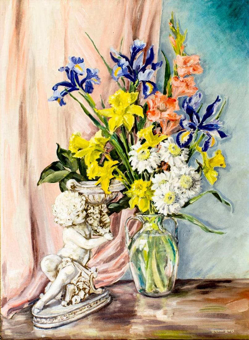 Lorene Lewis (US,20C) oil painting: ARTIST: Lorene Lewis (American, 20 century) TITLE: Still Life with Vase of Flowers MEDIUM: oil on canvas board CONDITION: Overall good. No visible inpaint under UV light.