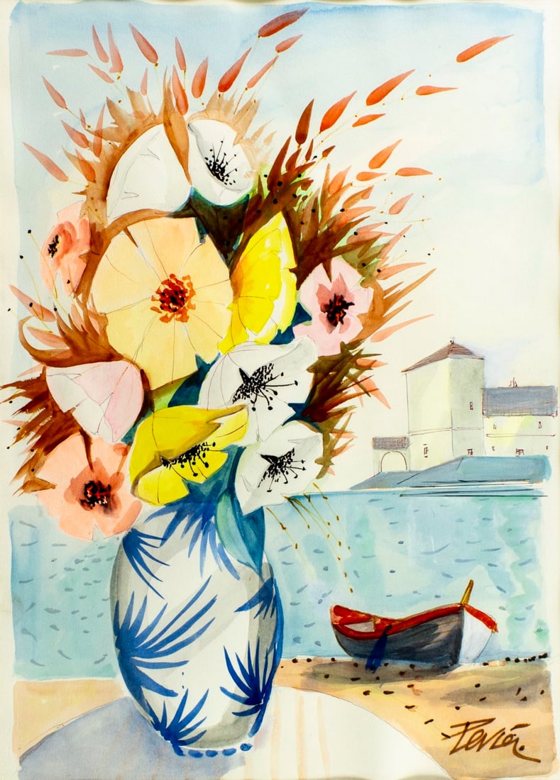 Charles Levier (French,NY,CA,1920-2003) watercolor painting: ARTIST: Charles Lever (France, New York, California, 1920 - 2003) TITLE: Still Life with Vase of Flowers MEDIUM: watercolor on paper CONDITION: Very good. Framed under glass