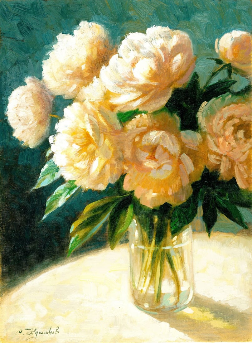 Sergey Kushanov (Ukraine,20/21C) oil painting: ARTIST: Sergey Kushanov (Ukrainian, 20/21 centuries) TITLE: Still Life with Vase of Cream Peonies MEDIUM: oil on heavy paper CONDITION: Very good. No visible inpaint under U