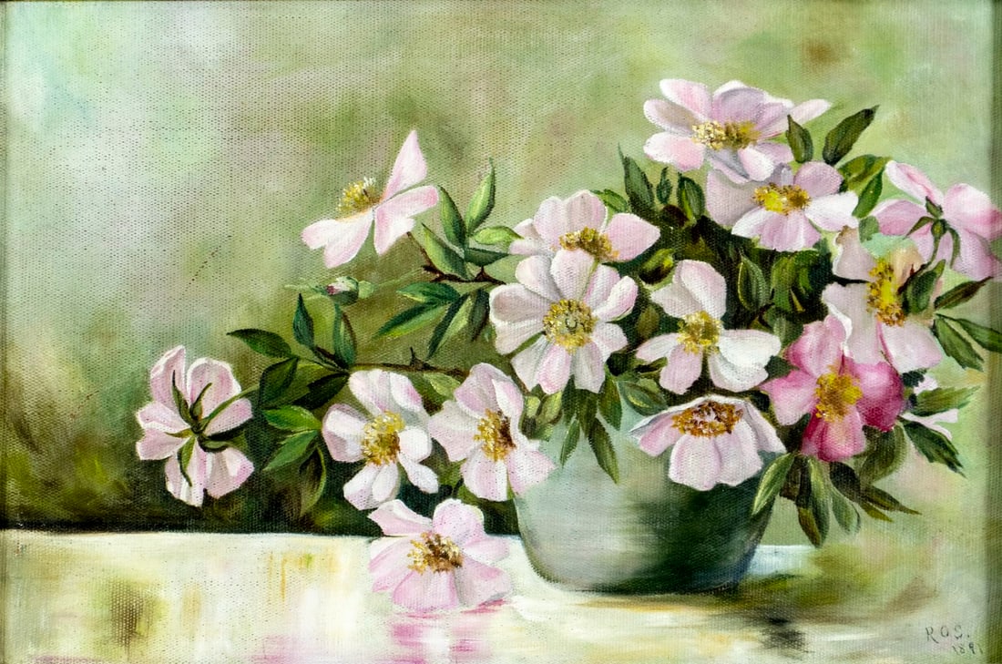 Antique 19C American oil painting: ARTIST: - (American, 19 century) TITLE: Still Life with Flowers YEAR: 1891 MEDIUM: oil on canvas CONDITION: Few scratches. No visible inpaint under UV