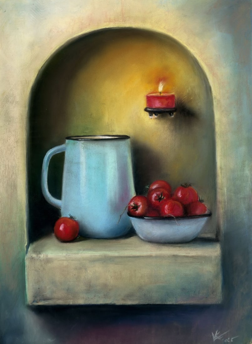 Ksenia Vasilchenko (Ukraine,b 1996) pastel painting: ARTIST: Ksenia Vasilchenko (Ukrainian, born 1996) TITLE: Still Life with Tomatoes MEDIUM: pastel on heavy paper CONDITION: Very good. ART SIZE: 16 x 12 i