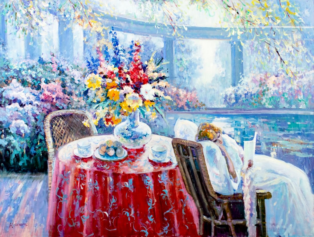 Peter Ho (US,b 1953) oil painting: ARTIST: Peter Ho (American, born 1953) TITLE: Woman Reading on Terrace MEDIUM: oil on canvas CONDITION: Unstretched (In-House stretching available) (In-House stretching avai