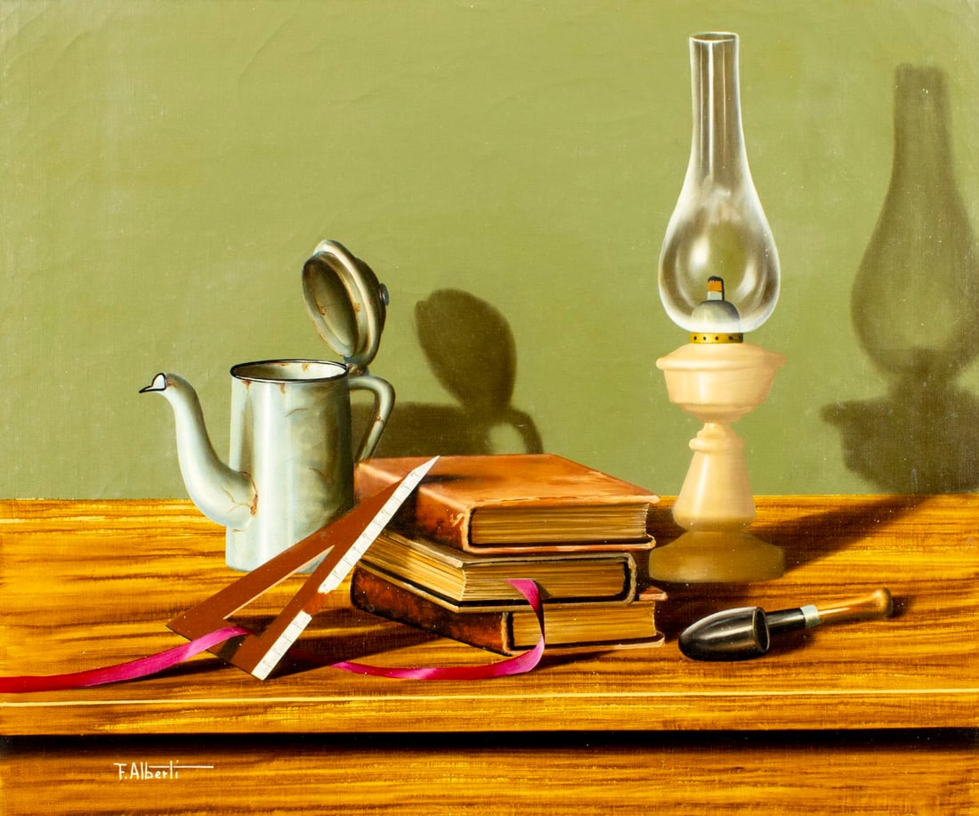 Francesco Alberti (Italy,1941-1996?) oil painting: ARTIST: Francesco Alberti (Italian, 1941 - 1996?) TITLE: Still Life with Lamp, Books and Pipe MEDIUM: oil on canvas CONDITION: Unstretched (In-House stretching available)