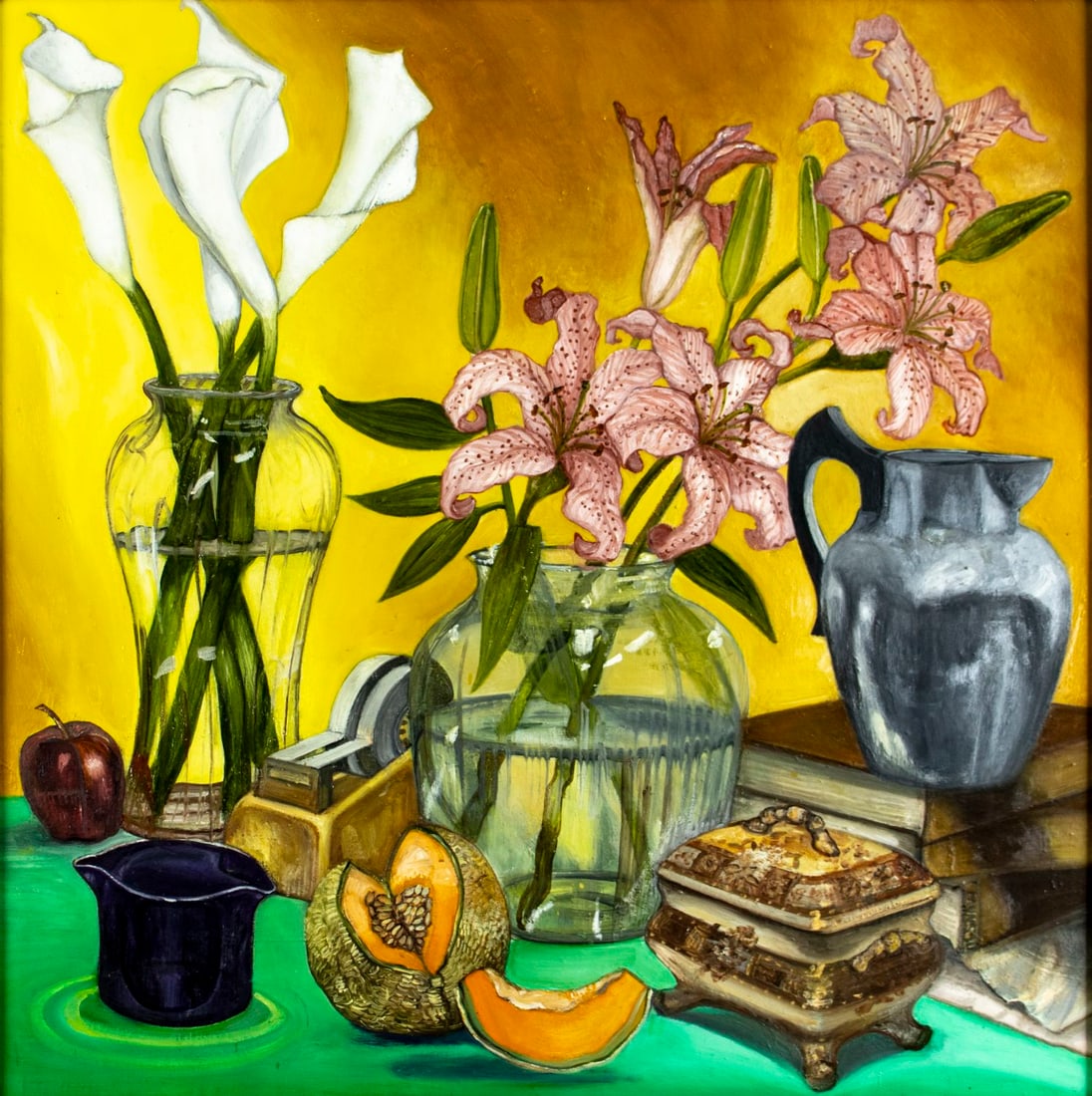 Matthew Snow (US,20C) oil painting: ARTIST: Matthew Snow (American, 20 century) TITLE: Still Life with Vases of Flowers MEDIUM: oil on canvas CONDITION: Small damage to right edge of canvas. Minor paint losses