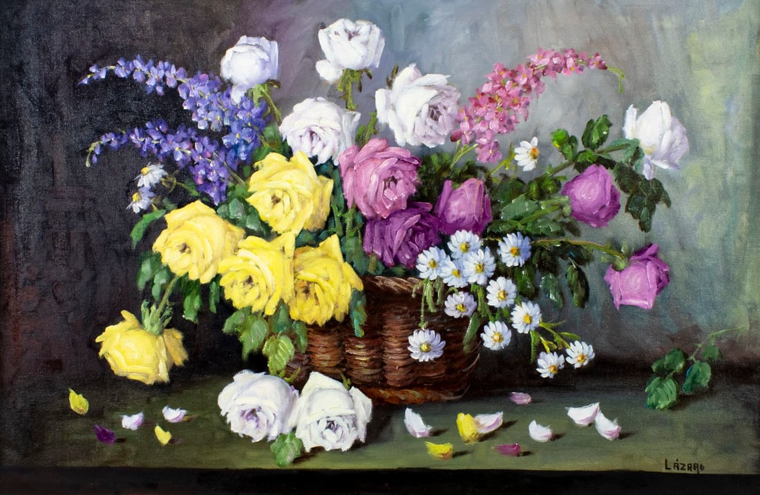 V Lazaro (Spain,1929-?) oil painting: ARTIST: V Lazaro (Spanish, 1929 - ???) TITLE: Still Life with Flower Basket MEDIUM: oil on canvas CONDITION: Unstretched (In-House stretching available) (In-House stretching
