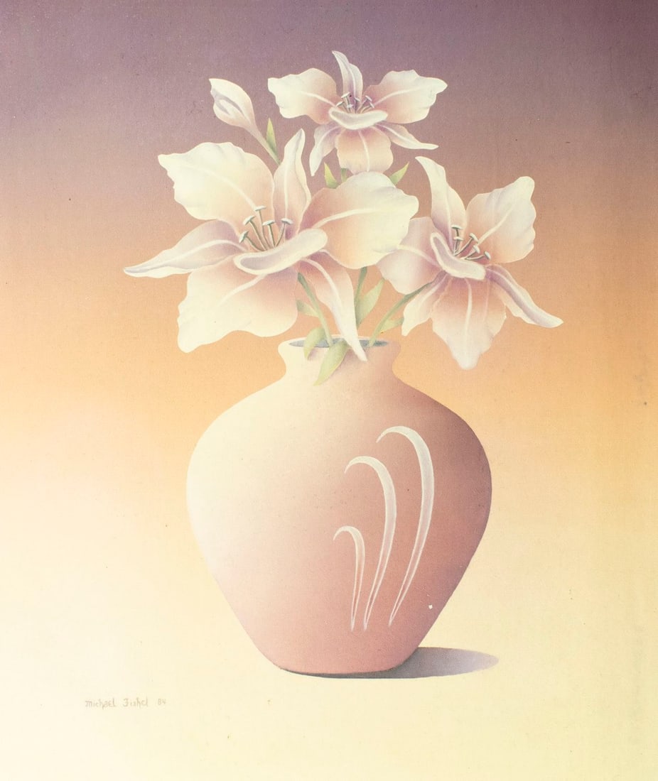 Michael Fishel (US,20C) oil painting: ARTIST: Michael Fishel (American, 20 century) TITLE: Still Life with Vase of Flowers YEAR: 1984 MEDIUM: oil on canvas CONDITION: Unstretched (In-House st