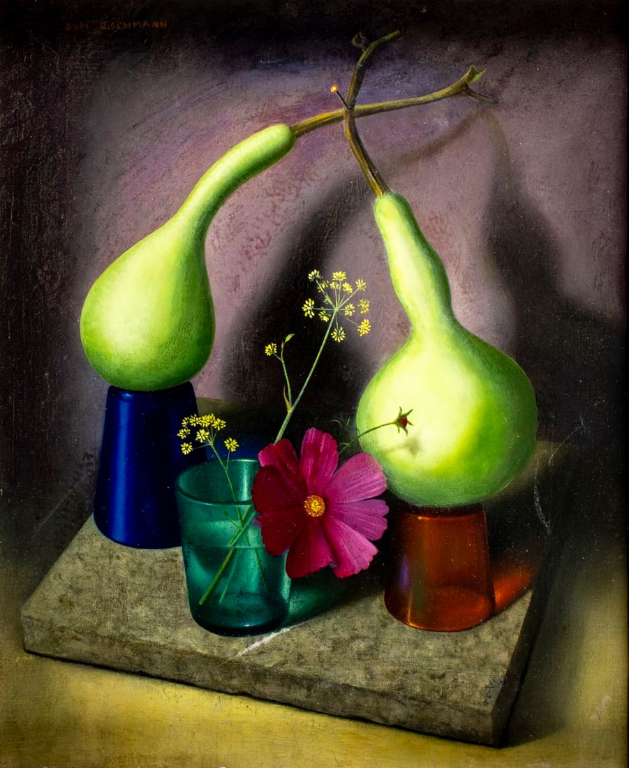 Ram Rischmann (France,1908-2000) oil painting: ARTIST: Ram Rischmann (French, 1908 - 2000) TITLE: Still Life with Gourds and Flowers MEDIUM: oil on canvas CONDITION: One repaired tear. Some scratches/paint losses. Some c