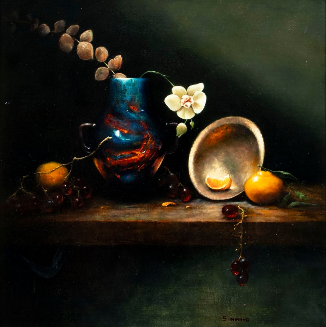 Tamara Simmons (CO,MD,German,20/21C) oil painting: ARTIST: Tamara Simmons (Colorado, Maryland, Germany, 20/21 centuries) TITLE: Still Life - A Touch of Light (titled on verso) MEDIUM: oil on canvas board CONDITION: Few minor