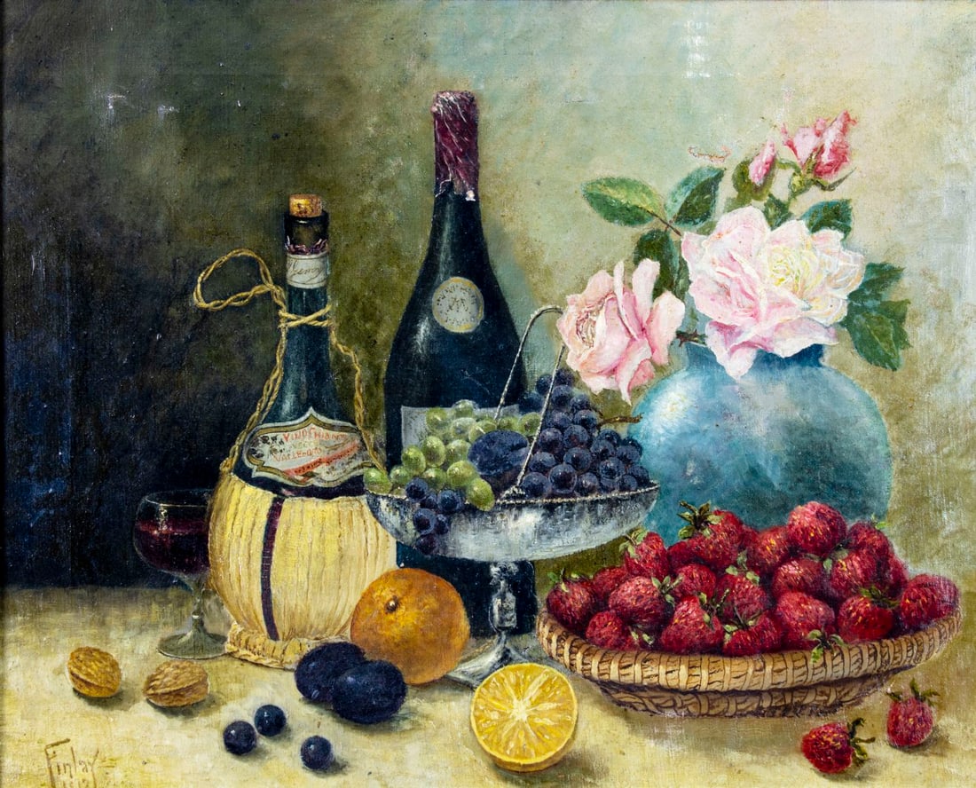 Finlay (US,early 20C) oil painting antique: ARTIST: Finlay (American, early 20 century) TITLE: Still Life with Wine and Fruits YEAR: 1912 MEDIUM: oil on canvas CONDITION: Few small patches. Some pa