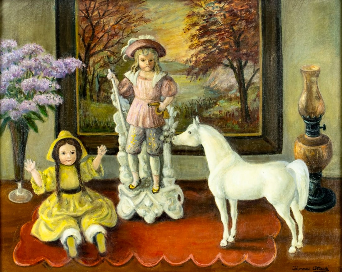 Thomas Attardi (NY,Italy,1900-?) oil painting: ARTIST: Thomas Attardi (New York, Italian, 1900 - ???) TITLE: Still Life - White Stallion (titled on verso) MEDIUM: oil on canvas CONDITION: Very good. Minor craquelure. N