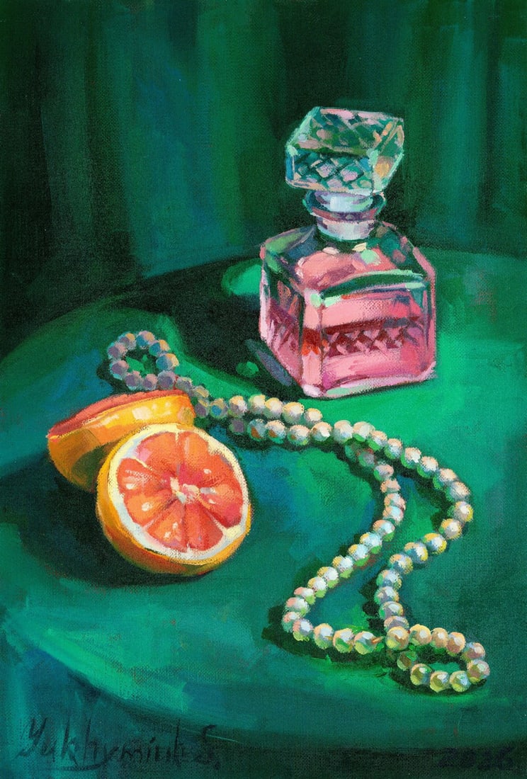 Svetlana Yukhymiuk (Ukraine,20/21C) oil painting: ARTIST: Svetlana Yukhymiuk (Ukrainian, 20/21 centuries) TITLE: Still Life with Pearls and Decanter MEDIUM: oil on heavy paper CONDITION: Very good. No visible inpaint under