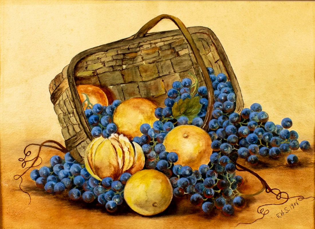 Antique early 20C American watercolor painting signed: ARTIST: - (American, early 20 century) TITLE: Still Life with Fruit Basket YEAR: 1908 MEDIUM: watercolor on paper. Paper applied to board. CONDITION: M