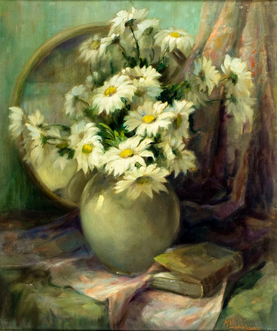 Antique early 20C European oil painting signed: ARTIST: - (European, early 20 century) TITLE: Still Life with Vase of Flowers and Book MEDIUM: oil on canvas CONDITION: Some paint losses mostly along the upper egde. No v