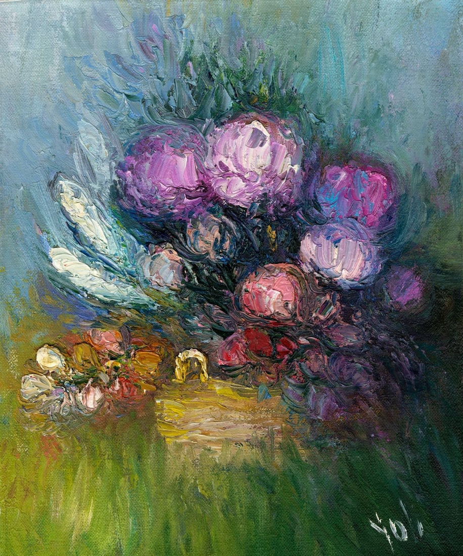 Yolanda Razzeto (Peru,1948-?) oil painting: ARTIST: Yolanda Razzeto (Peruvian, 1948 - ???) TITLE: Still Life with Flower Basket MEDIUM: oil on canvas CONDITION: Unstretched (In-House stretching available) (In-House