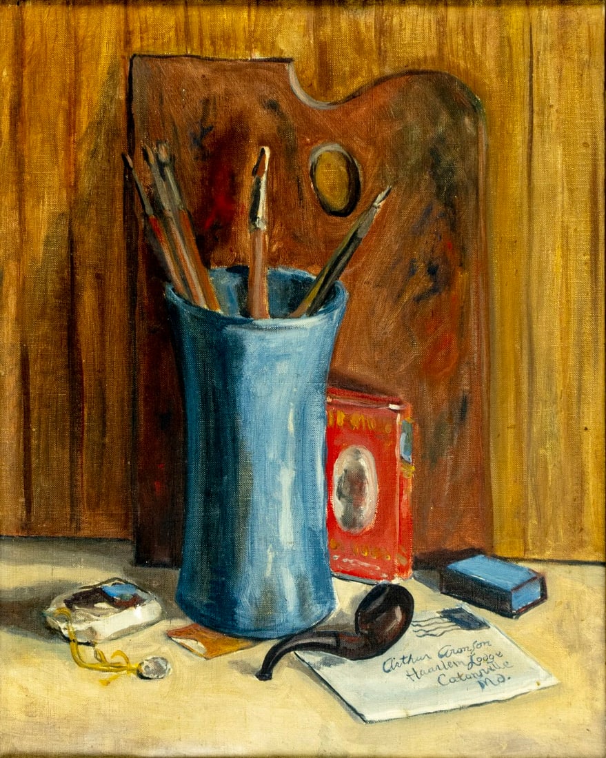 Arthur Aronson (MD,mid 20C) oil painting: ARTIST: Arthur Aronson (Maryland, mid 20 century) TITLE: Still Life with Brushes and Pipe MEDIUM: oil on canvas CONDITION: Missing a few flakes of paint. No visible inpaint