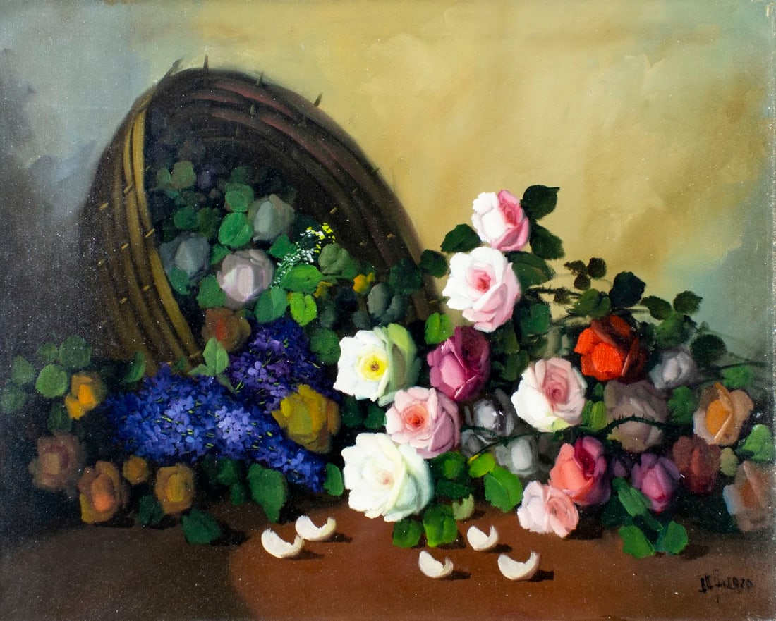 I Picero (Europe,20C) oil painting: ARTIST: I Picero (European, 20 century) TITLE: Still Life with Flower Basket MEDIUM: oil on canvas CONDITION: Unstretched (In-House stretching available) (In-House stretchin