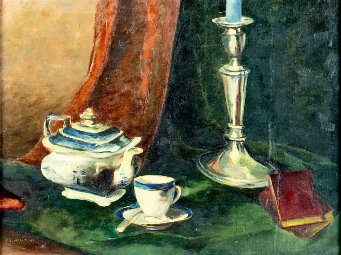 M Ariani (US,mid 20C) oil painting: ARTIST: M Ariani (American, mid 20 century) TITLE: Still Life with Tea Set and Books MEDIUM: oil on canvas board CONDITION: One nail hole in the upper left quadrant. Some sc