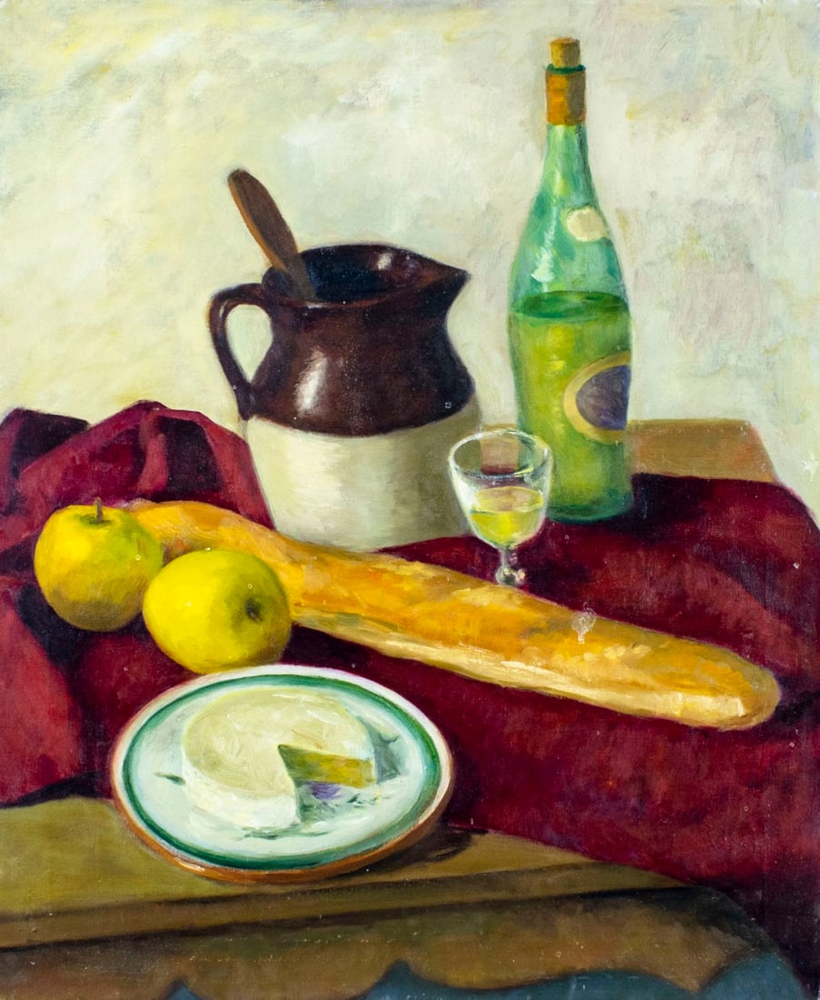 Vintage mid 20C American oil painting: ARTIST: - (American, mid 20 century) TITLE: Still Life MEDIUM: oil on canvas CONDITION: Missing a few flakes of paint. No visible inpaint under UV light. Normal wear along
