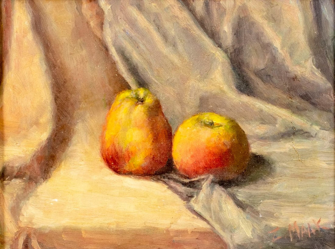 Z Maak (US,early 20C) oil painting antique: ARTIST: Z Maak (American, early 20 century) TITLE: Still Life with Apples MEDIUM: oil on canvas CONDITION: One patch. Few small paint losses. No visible inpaint under UV lig