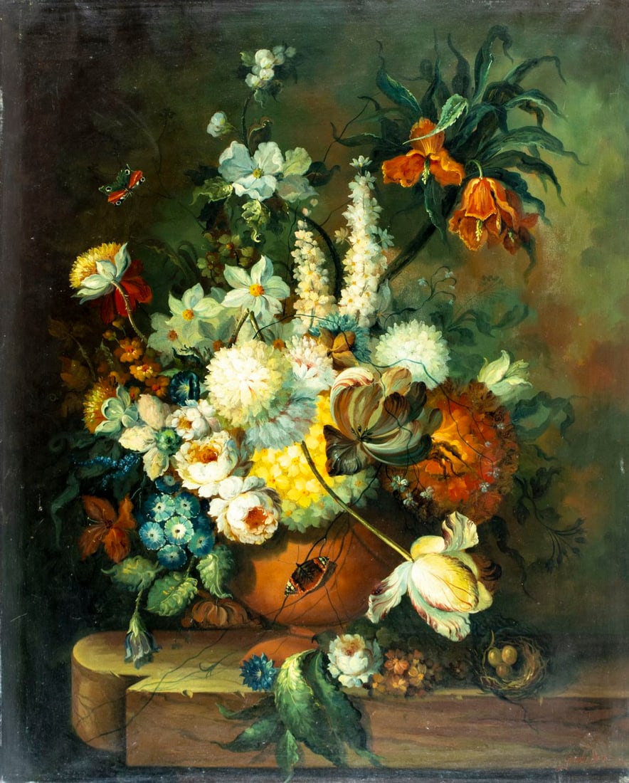 Juan Manuel Gonzales Mata (Spain,b 1968) oil painting: ARTIST: Juan Manuel Gonzales Mata (Spanish, born 1968) TITLE: Still Life with Vase of Flowers MEDIUM: oil on canvas CONDITION: Few small scratches/paint losses. No visible i