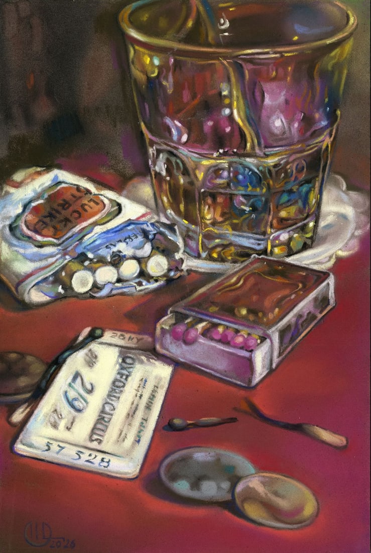 Olena Horbenko (Ukraine,20/21C) pastel painting: ARTIST: Olena Horbenko (Ukrainian, 20/21 centuries) TITLE: Still Life with Glass, Cigarettes and Matches MEDIUM: pastel on heavy paper CONDITION: Very good. ART S