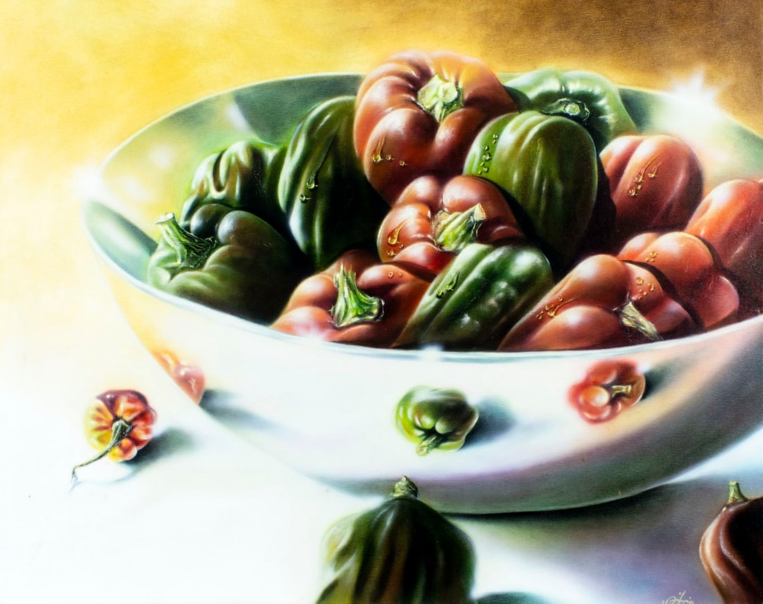 Contemporary 20/21C American acrylic painting signed: ARTIST: - (American, 20/21 centuries) TITLE: Still Life with Peppers YEAR: 2004 MEDIUM: acrylic on canvas CONDITION: Few minor scratches/paint losses.
