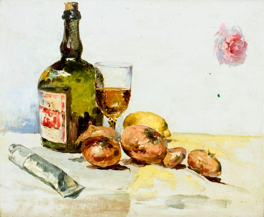 Vintage mid 20C American oil painting: ARTIST: - (American, mid 20 century) TITLE: Still Life with Bottle and Onions MEDIUM: oil on board CONDITION: Few small scratches/paint losses. No visible inpaint under UV