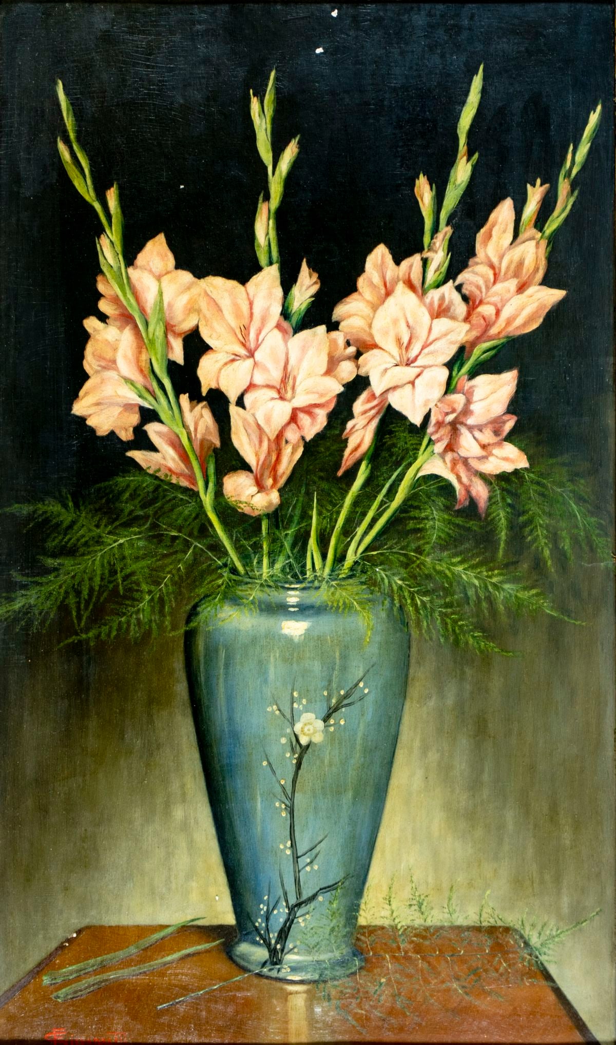 F Giovanetti (Italy,early 20C) oil painting antique: ARTIST: F Giovanetti (Italian, early 20 century) TITLE: Still Life with Vase of Gladioli MEDIUM: oil on board CONDITION: Some paint losses. No visible inpaint under UV light