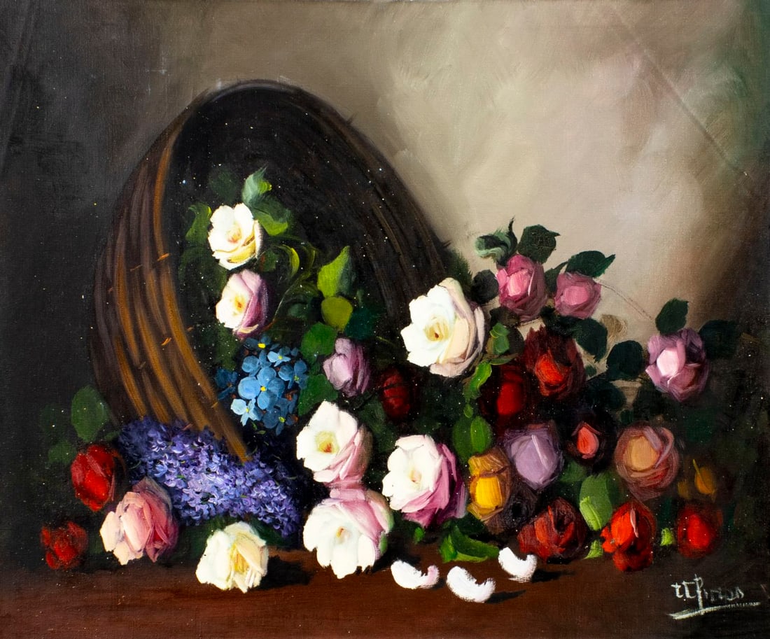 I Picero (Europe,20C) oil painting: ARTIST: I Picero (European, 20 century) TITLE: Still Life with Flower Basket MEDIUM: oil on canvas CONDITION: Unstretched (In-House stretching available) (In-House stretchin