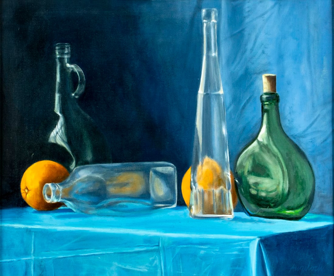 Robert Angeloch (NY,1922-2011) oil painting: ARTIST: Robert Henry Angeloch (New York, 1922 - 2011) TITLE: Still Life with Bottles and Oranges MEDIUM: oil on canvas CONDITION: Few small scratches/paint losses. No vis
