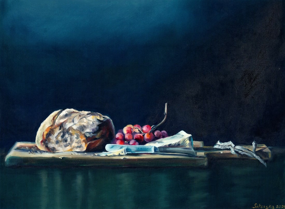 Anna Sitovska (Ukraine,20/21C) oil painting: ARTIST: Anna Sitovska (Ukraine, 20/21 centuries) TITLE: Tabletop Still Life MEDIUM: oil on heavy paper CONDITION: Very good. No visible inpaint under UV light. AR