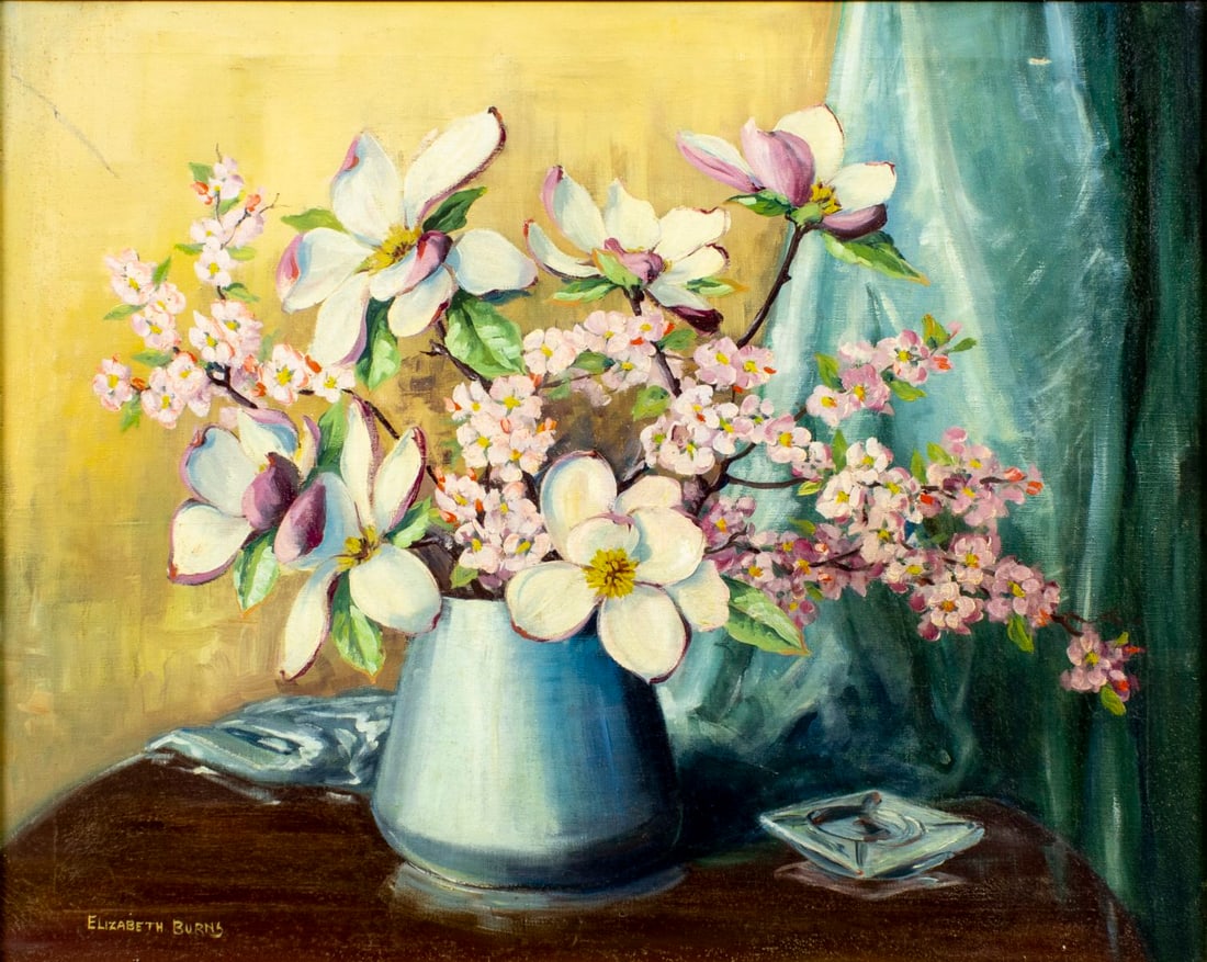 Elizabeth M Burns (NY,19/20C) oil painting antique: ARTIST: Elizabeth M Burns (New York, 19/20 centuries) TITLE: Still Life with Vase of Flowers MEDIUM: oil on canvas CONDITION: Few small scratches/paint losses. Some craquelu