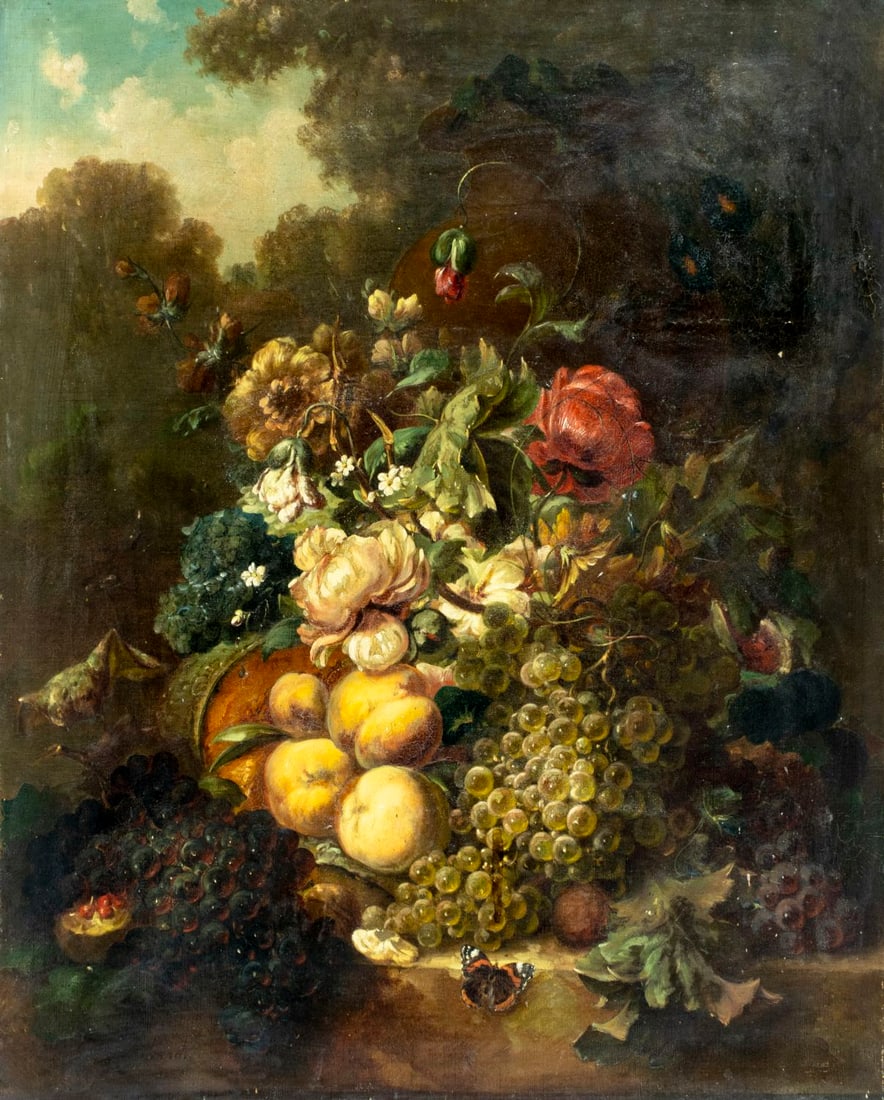 Reinhard (German,19C) oil painting antique: ARTIST: Reinhard (Germany, 19 century) TITLE: Still Life with Flowers and Fruits MEDIUM: oil on canvas CONDITION: One repaired tear. Few minor paint losses. Some craquelure.