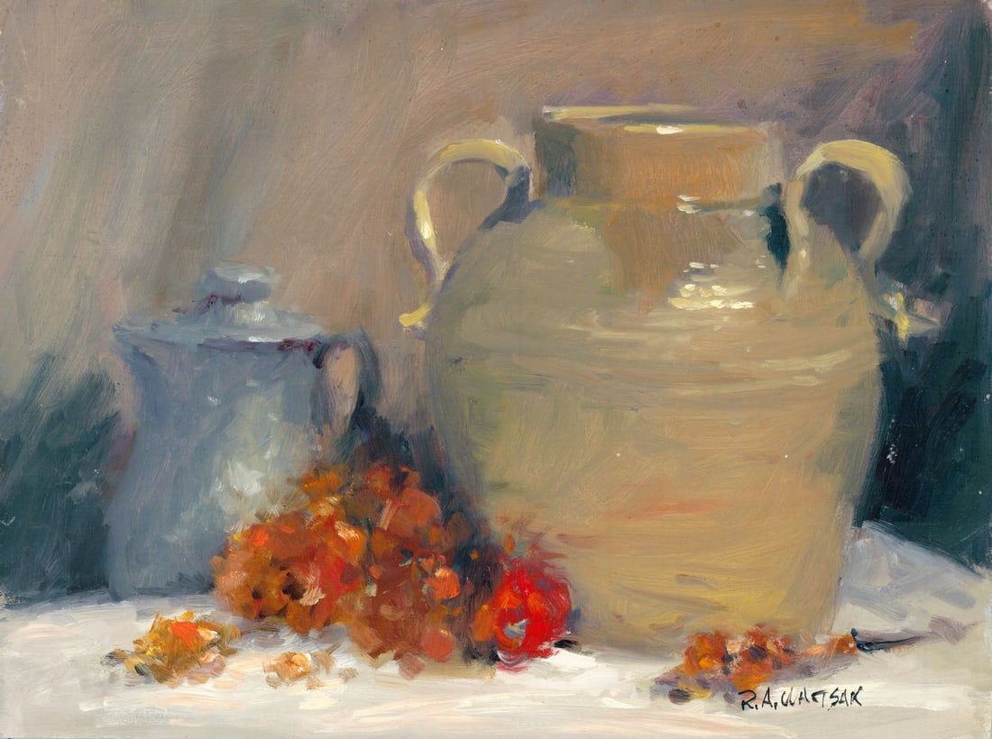 Robert Waltsak (NJ,b 1944) oil painting: ARTIST: Robert Alan Waltsak (New Jersey, born 1944) TITLE: Still Life with Jugs and Flowers MEDIUM: oil on board CONDITION: Few minor scratches/paint losses. No visible inpa