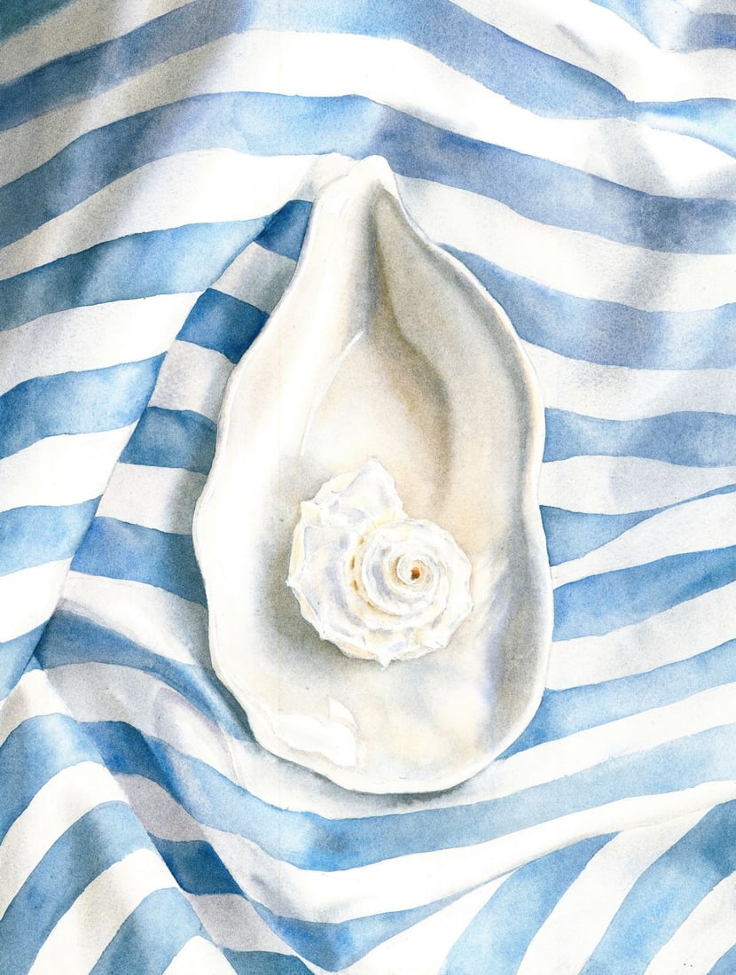 Olena Peliukhno (Ukraine,20/21C) watercolor painting: ARTIST: Olena Peliukhno (Ukrainian, 20/21 centuries) TITLE: Still Life with Seashells MEDIUM: watercolor on heavy paper CONDITION: Very good. ART SIZE: 1