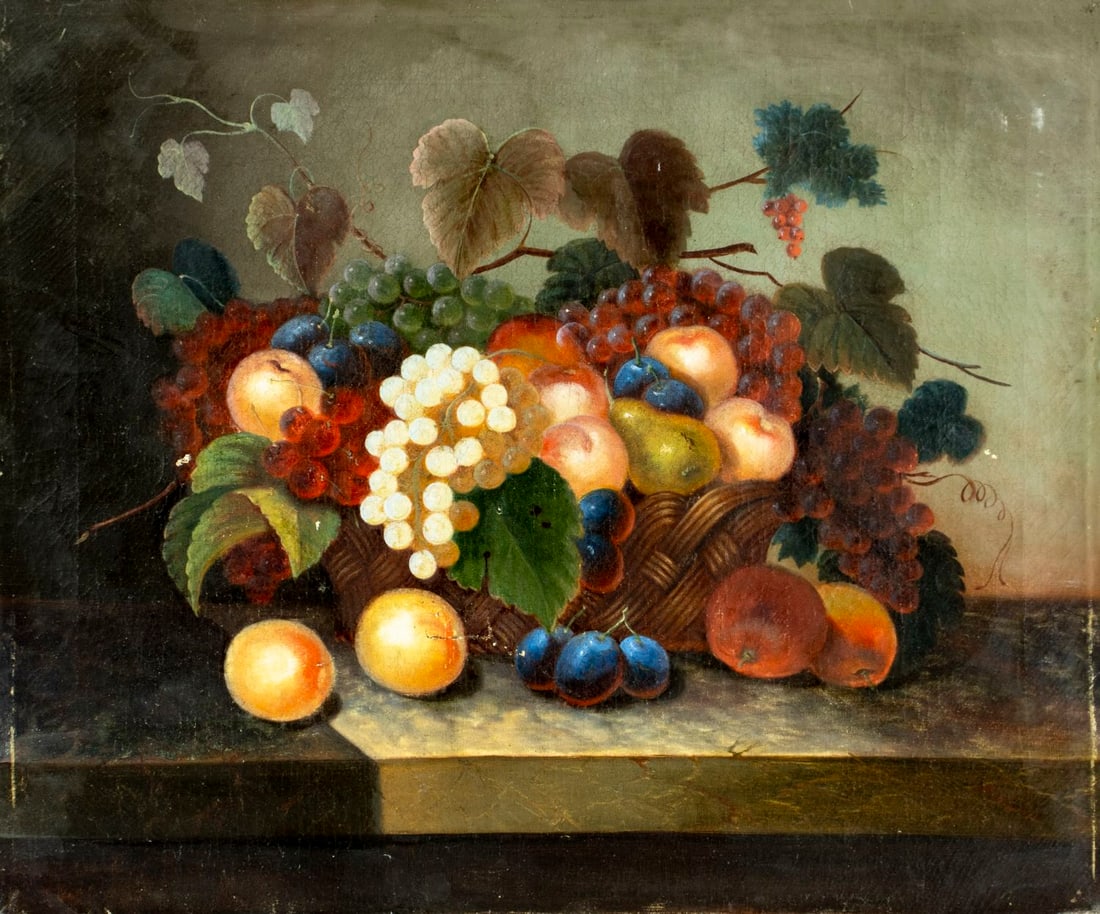 Antique 19C American oil painting: ARTIST: - (American, 19 century) TITLE: Still Life with Fruit Basket MEDIUM: oil on canvas CONDITION: Three patches. Some scratches/paint losses. Some craquelure. No visib