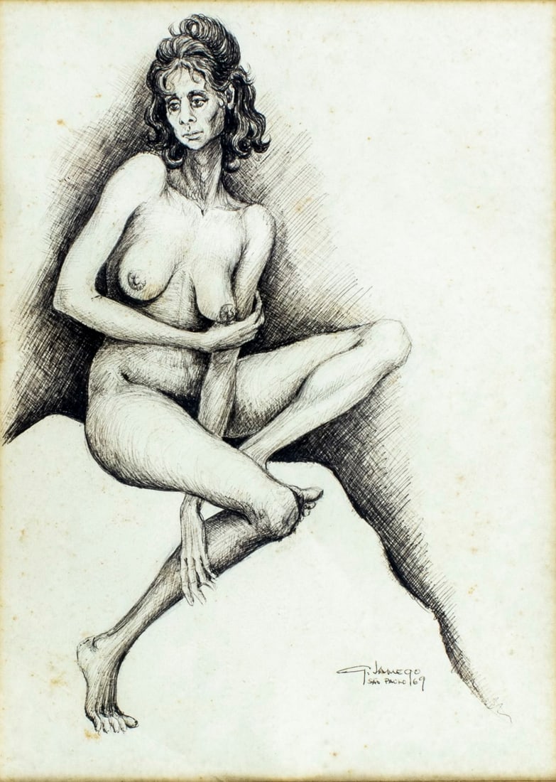 G Jamego (Brazil,mid 20C) ink painting: ARTIST: G Jamego (Brazilian, mid 20 century) TITLE: Nude YEAR: 1969 MEDIUM: ink on paper CONDITION: One crease line by the lower left corner. Some foxing