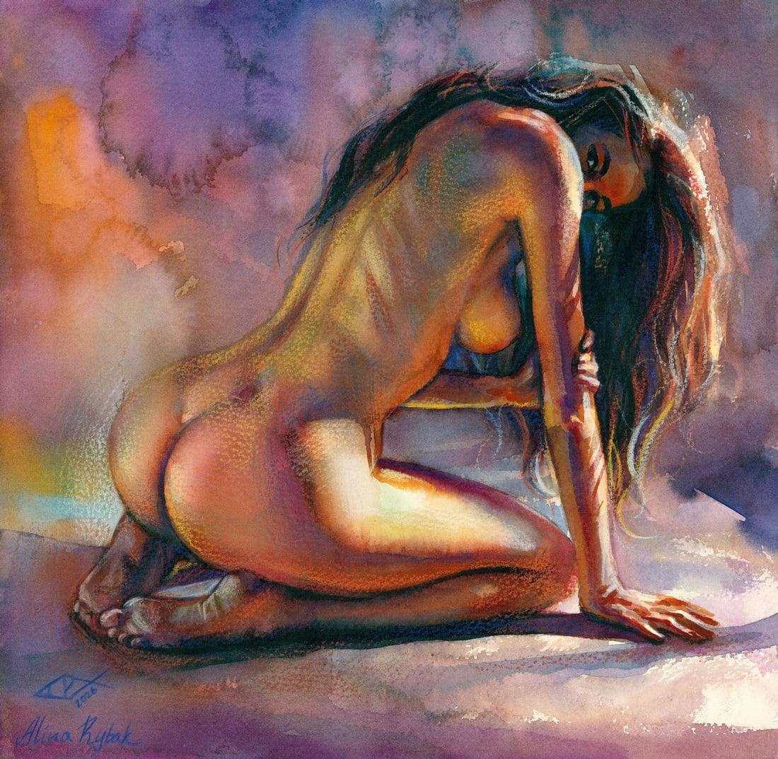 Alina Rybak (Ukraine,b 1996) watercolor painting: ARTIST: Alina Rybak (Ukrainian, born 1996) TITLE: Kneeling Nude MEDIUM: watercolor on heavy paper CONDITION: Very good. ART SIZE: 12 x 12 inches / 30 x 3