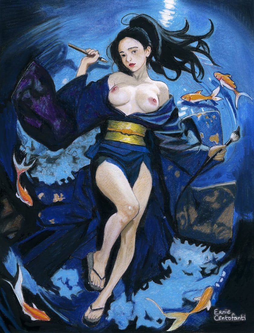 Ernie Centofanti (CA,b 1956) pastel painting: ARTIST: Ernie Centofanti (California, born 1956) TITLE: Nude Asian Girl MEDIUM: pastel on paper CONDITION: Very good. ART SIZE: 14 x 10 inches / 36 x 25