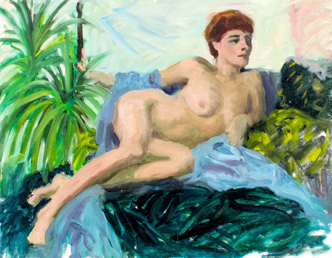 George Holloway (NJ,20C) oil painting: ARTIST: George Holloway (New Jersey, 20 century) TITLE: Reclining Nude MEDIUM: oil on canvas board CONDITION: Few minor paint losses. No visible inpaint under UV light. <
