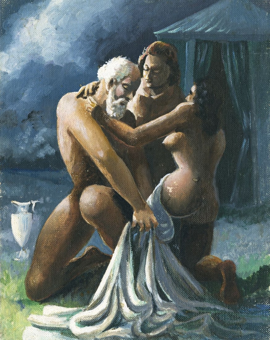 S Grayson (US,mid 20C) oil painting: ARTIST: S Grayson (United States, mid 20 century) TITLE: Nudes with Drapery MEDIUM: oil on canvas board CONDITION: Minor damages to corners. Some small scratches/paint losse