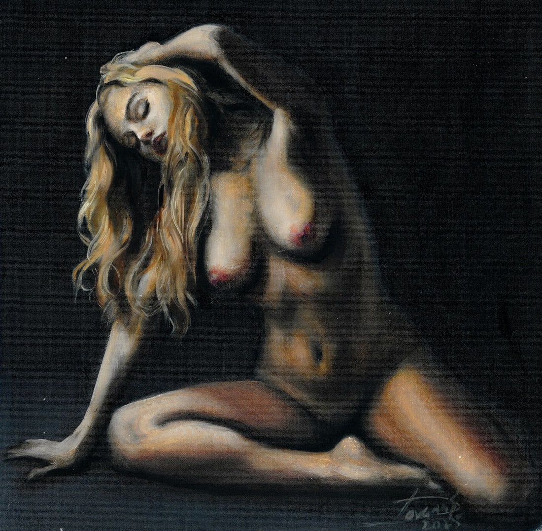 Sergey Dovgan (Ukraine,b 1976) oil painting: ARTIST: Sergey Dovgan (Ukrainian, born 1976) TITLE: Nude MEDIUM: oil on heavy paper CONDITION: Very good. No visible inpaint under UV light. ART SIZE: 12