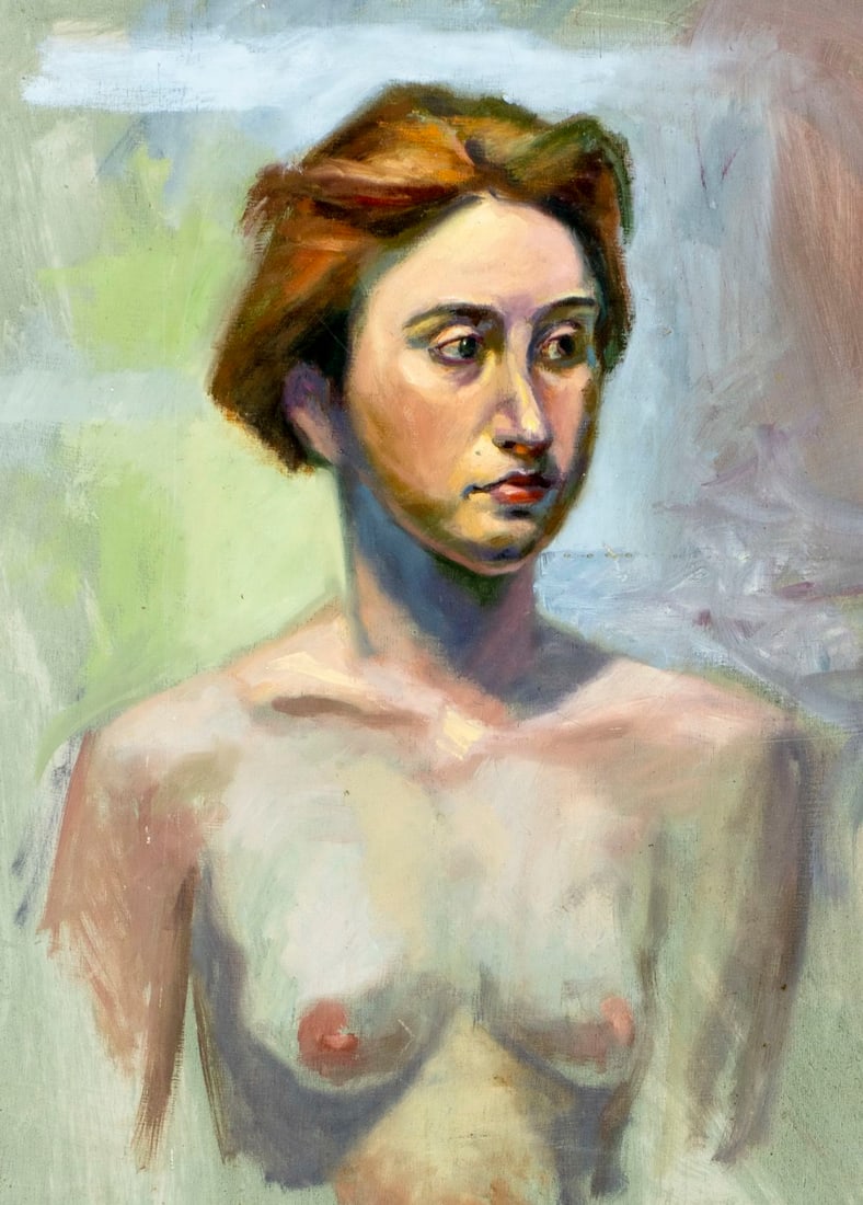 John Reilly (NY,NJ,1942-2021) oil painting: ARTIST: John Reilly (New York, New Jersey, 1942 - 2021) TITLE: Nude MEDIUM: oil on board CONDITION: Minor damage to the upper right corner. Some scratches/paint losses. No